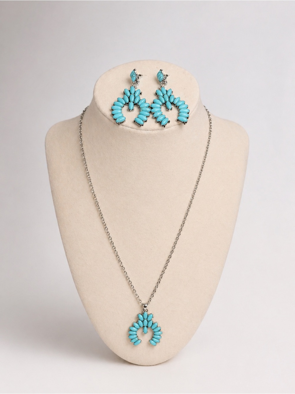 Turquoise Statement Jewelry Set Necklace Earrings Western Boho Silver Tone